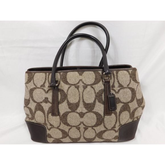 Coach Hampton Brown Monogram Wool Leather Trim Satchel - Picture 1 of 13